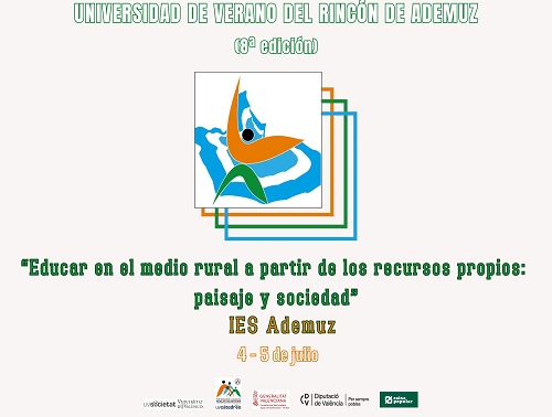 Cartel para la difusión de la Universidad de Verano del Rincón de Ademuz. El cartel incluye el logo del evento, la fecha, el lugar donde se celebra y el lema de este año